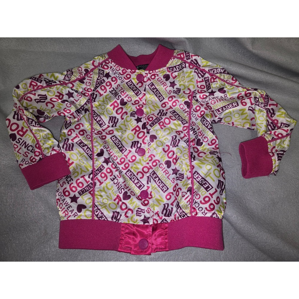 Rocawear Classic Girls 4T Pink White Graphic Bomber Jacket Snaps Stars